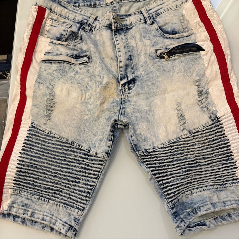 BOGO Men's Acid Wash Denim Shorts with Red Side Stripe